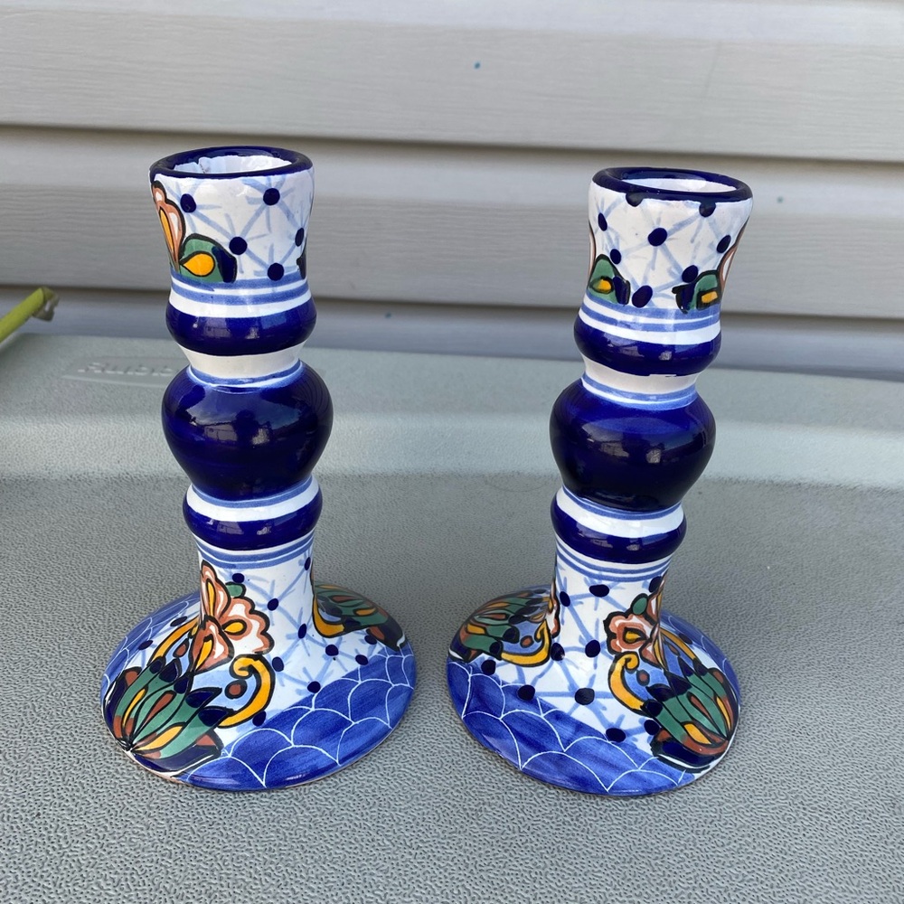 2 Mexican Folk Art Candle Stick Holders Vintage Hand Painted Floral Pottery
